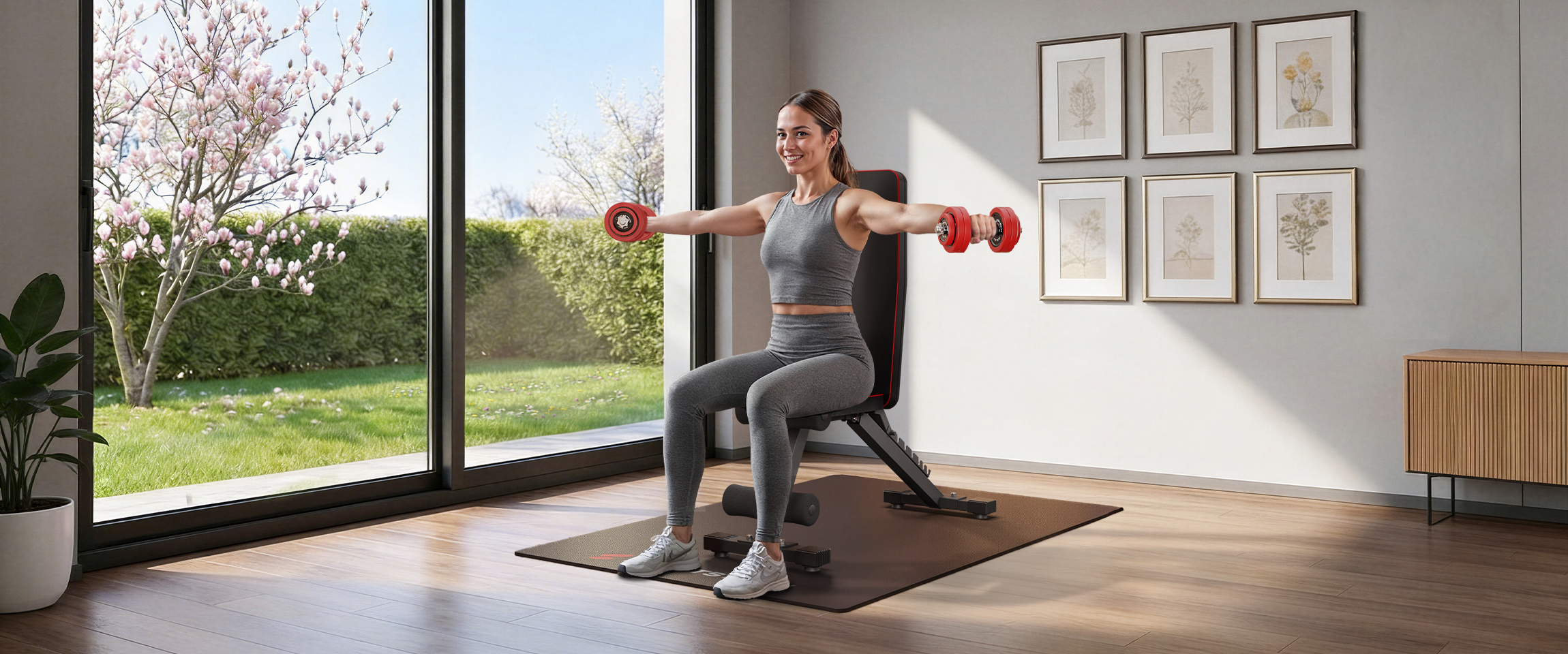 Frau mit Hantel sitzend auf Hantelbank